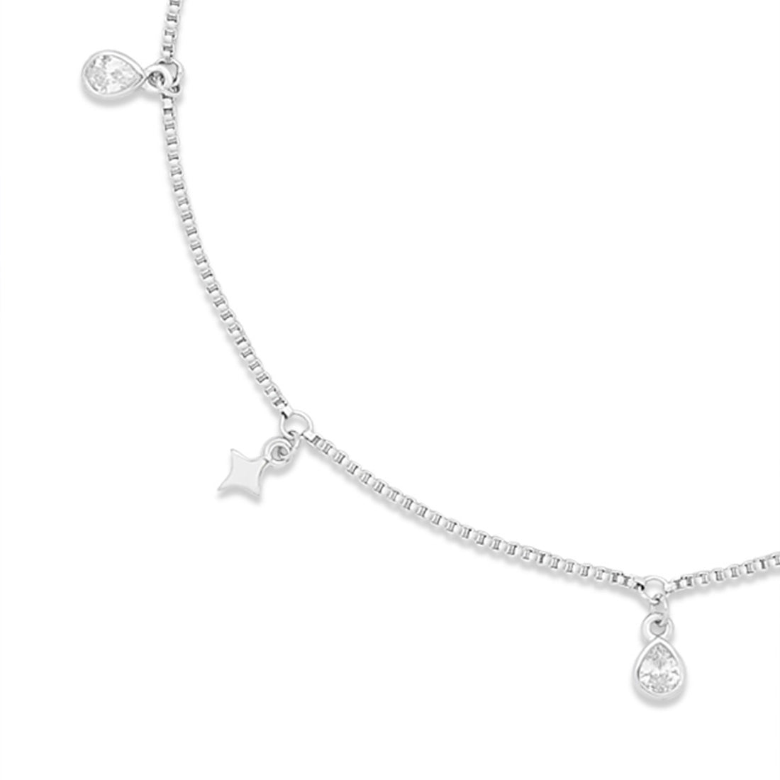 Star CZ Charms Rhodium Plated 925 Sterling Silver Anklet