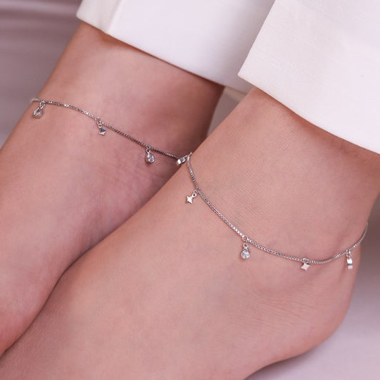 Star CZ Charms Rhodium Plated 925 Sterling Silver Anklet