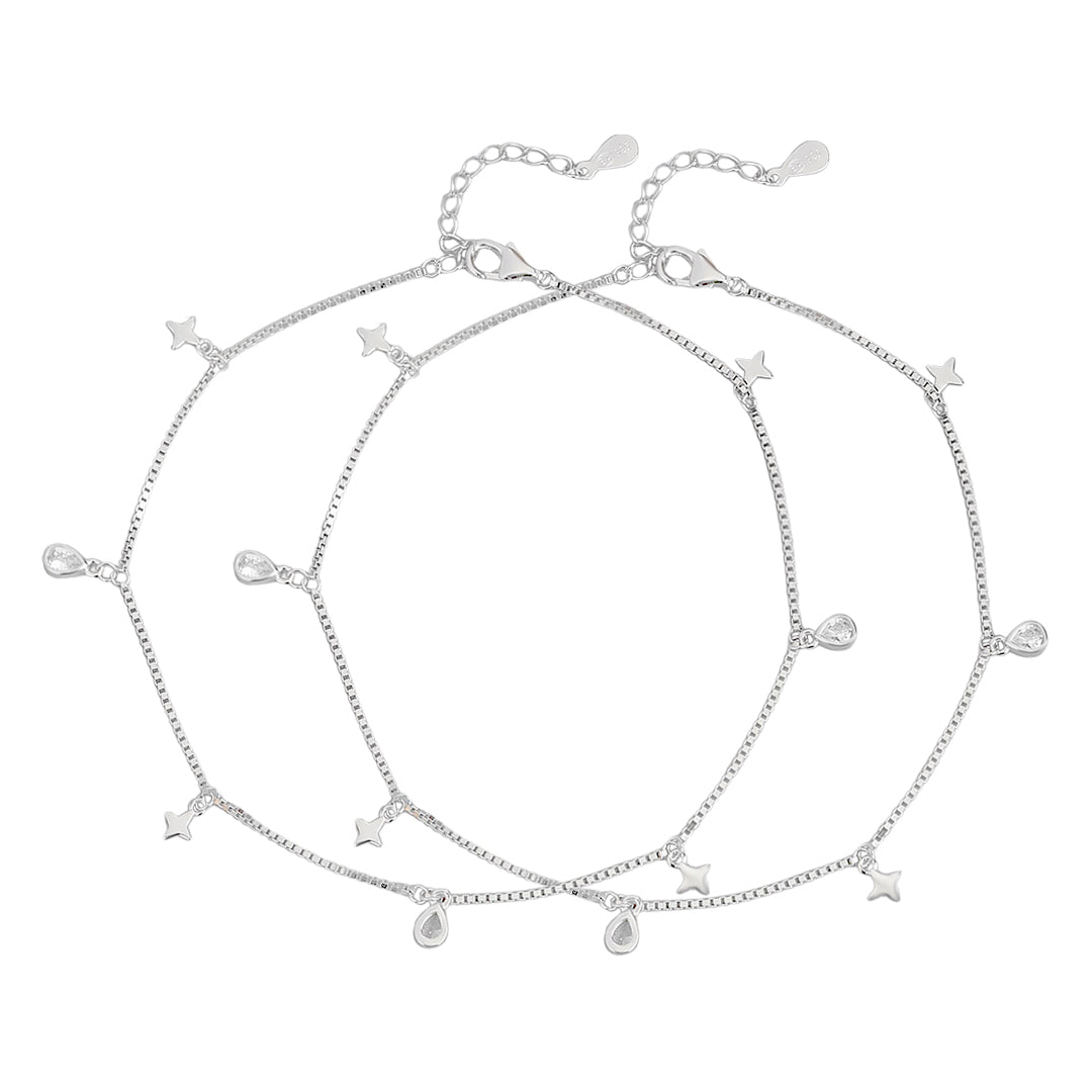 Star CZ Charms Rhodium Plated 925 Sterling Silver Anklet
