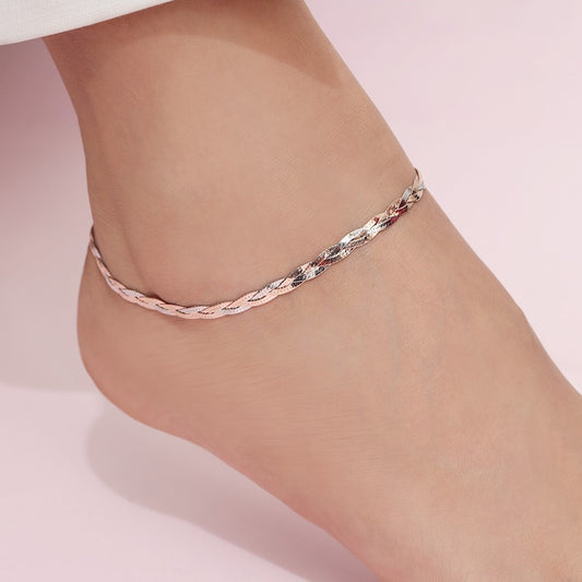 Braided Dual Tone Plated 925 Sterling Silver Anklet