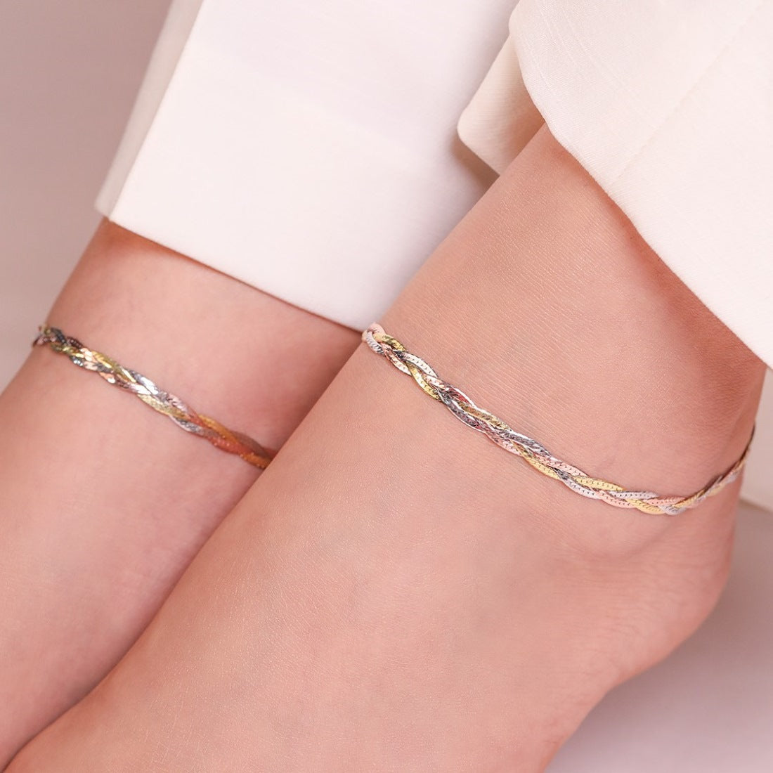 Triple Tone Braided 925 Silver Anklet