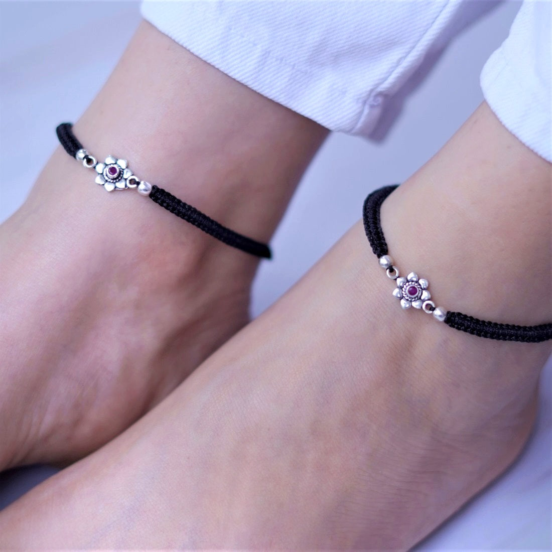 Black thread flower 925 Sterling Silver Anklets