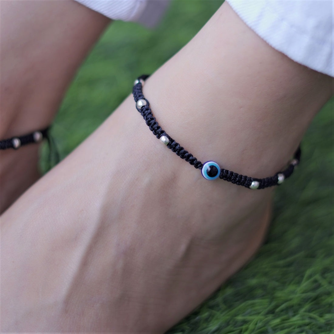 Black Thread with Evil Eye & Beads 925 Silver Anklet