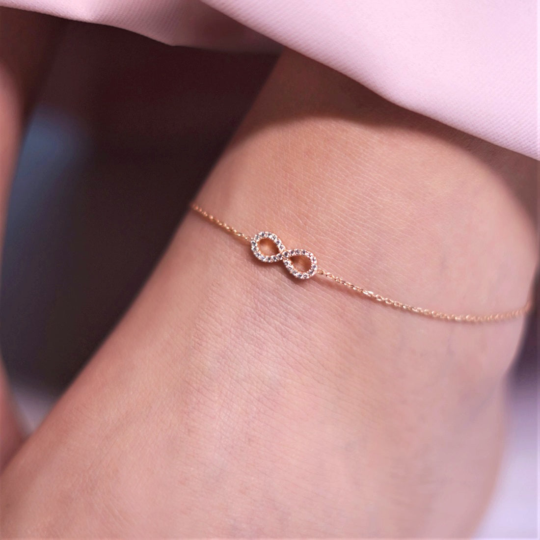 Infinity Rose Gold Plated CZ 925 Sterling Silver Anklet
