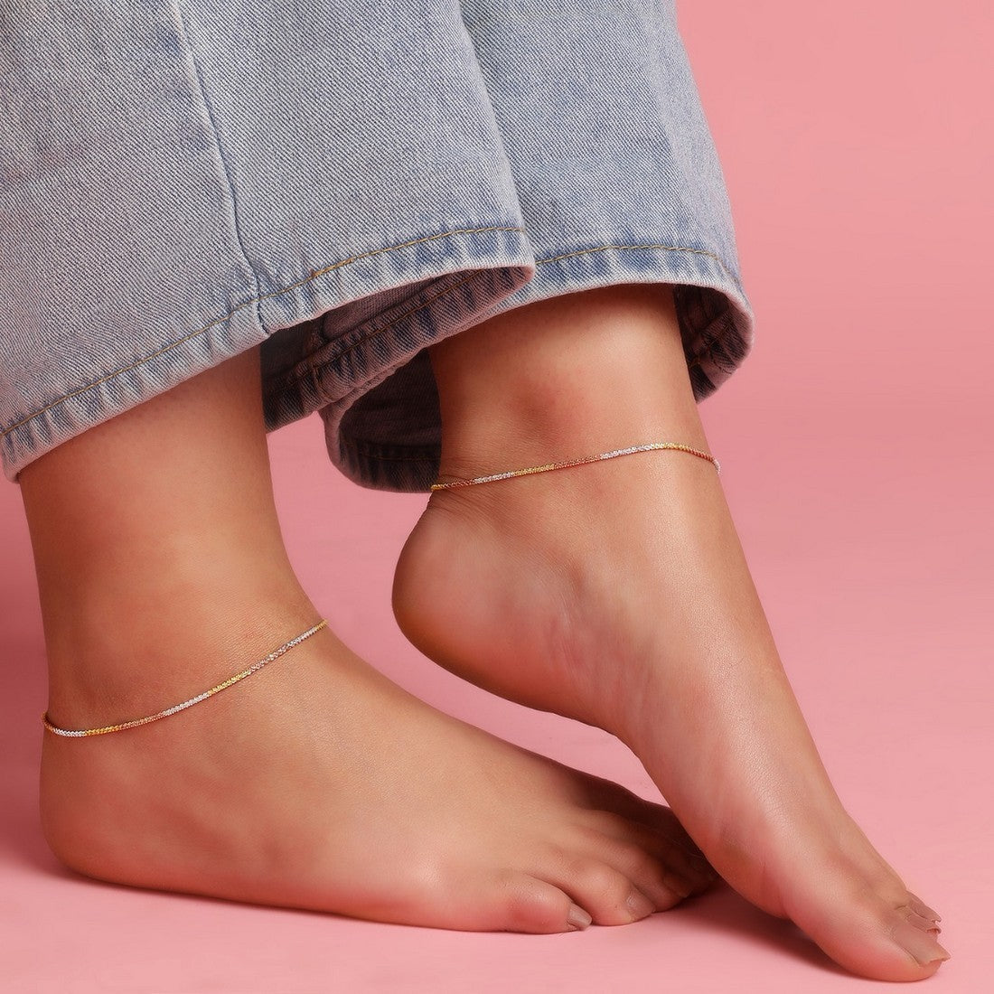 Sparkling Triple Tone 925 Sterling Silver Chain Anklets