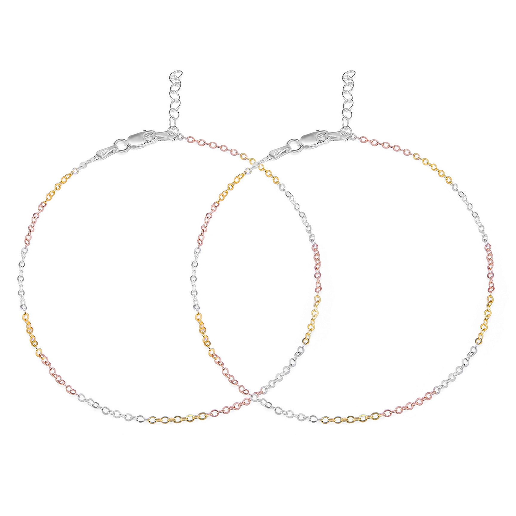 Trendy Triple Tone 925 Sterling Silver Cable Chain Anklet