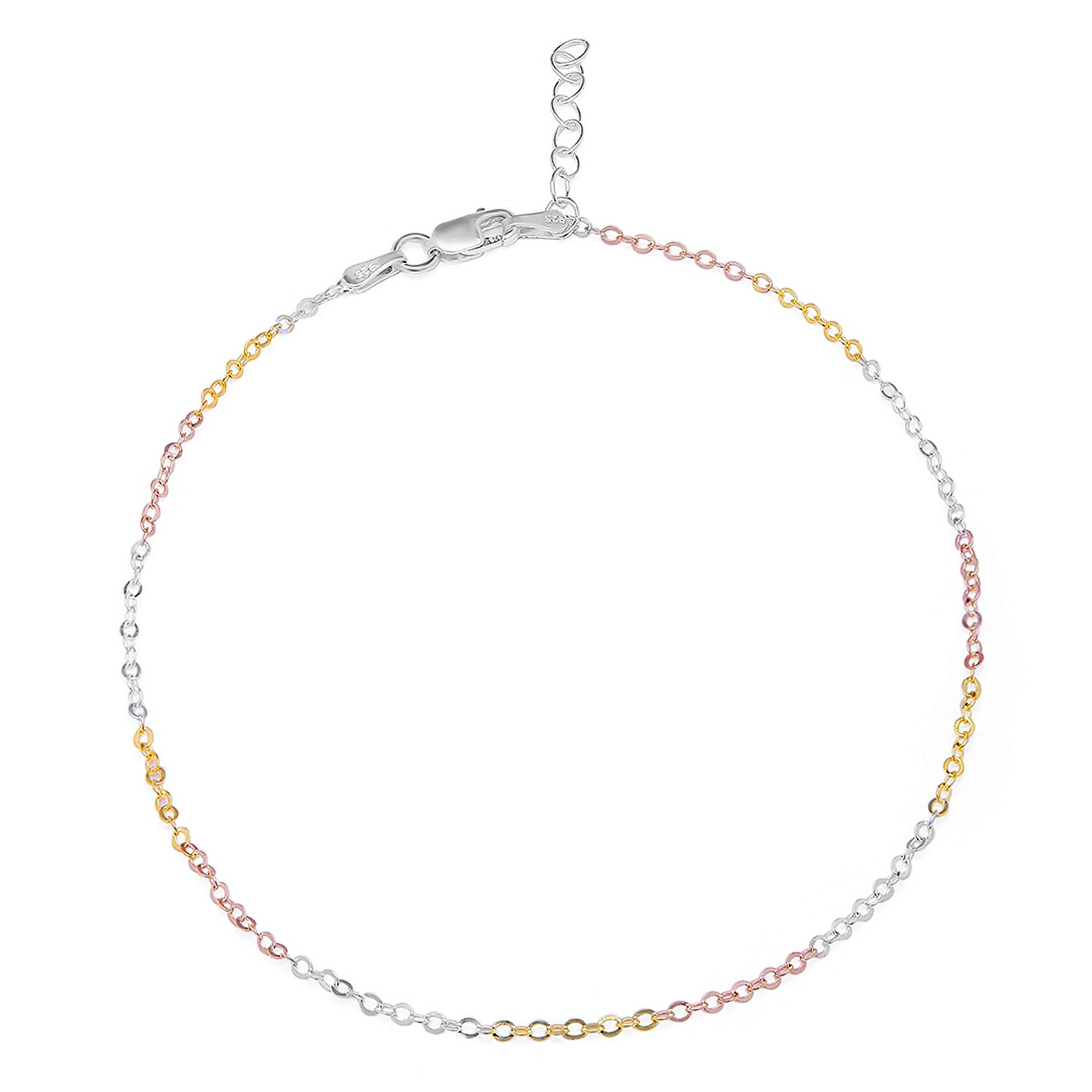 Trendy Triple Tone 925 Sterling Silver Cable Chain Anklet