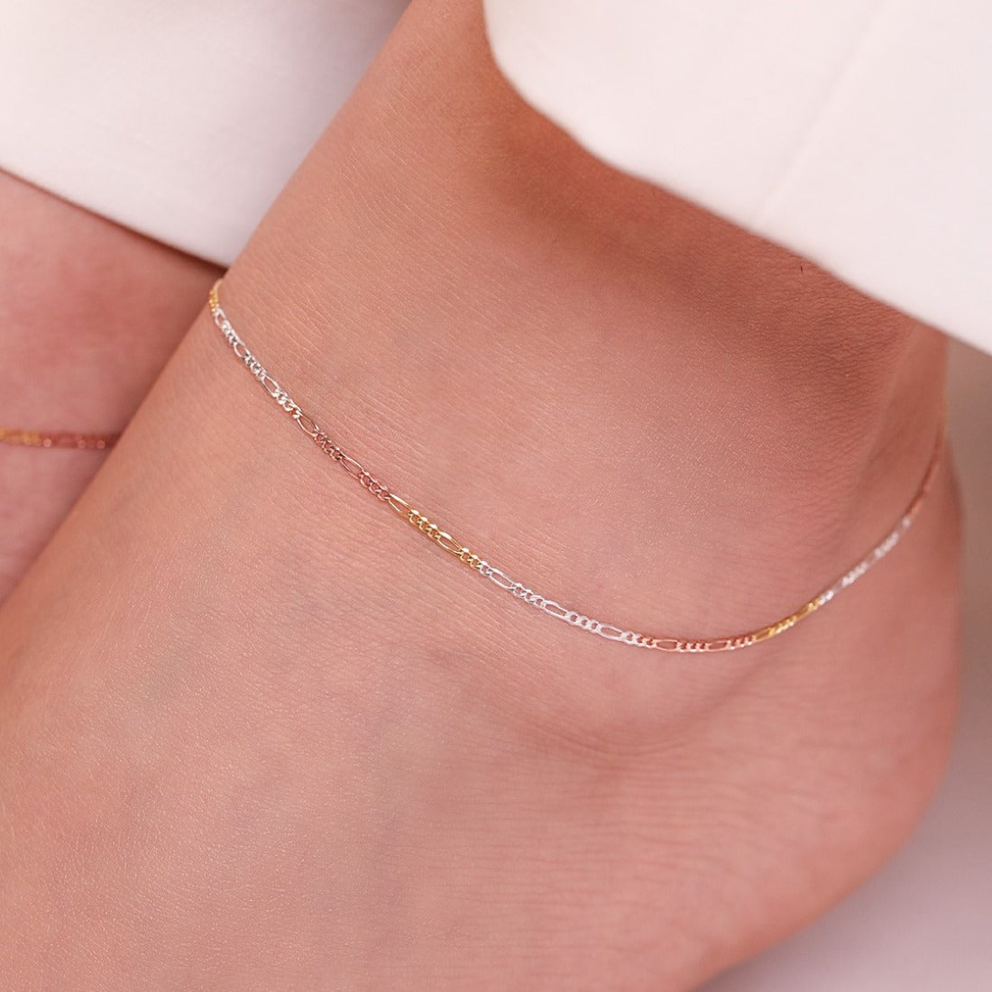 Minimal Triple Tone Figaro Chain 925 Sterling Silver Anklet