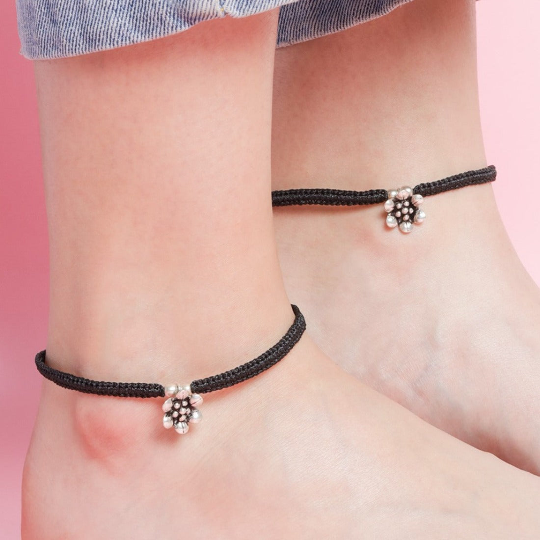Classic Floral Rhodium Plated 925 Sterling Silver Thread Anklet