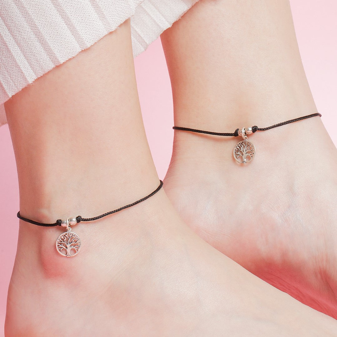 Tree of Life Rhodium Plated 925 Sterling Silver Thread Anklet