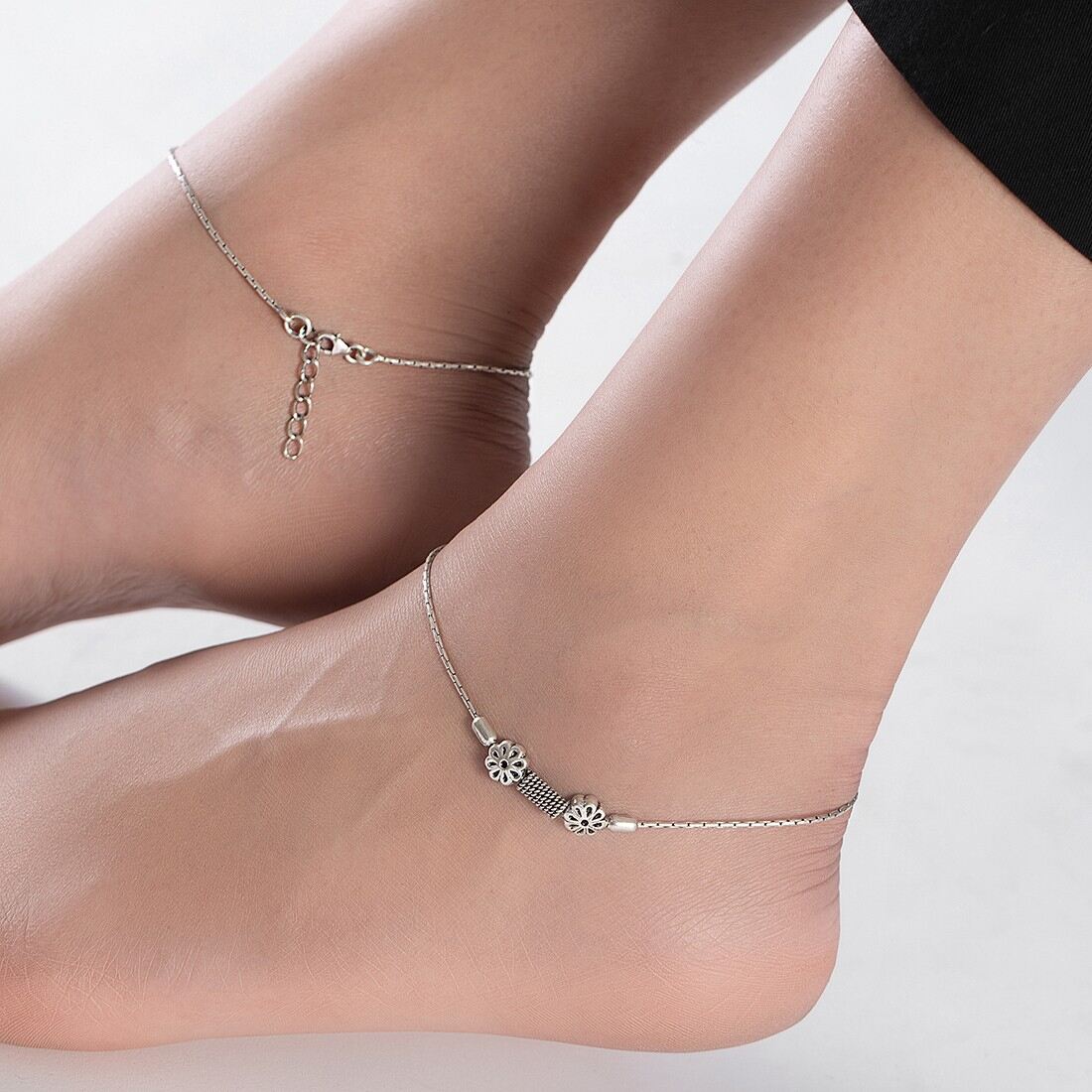 Floral Drop Bead Rhodium Plated 925 Sterling Silver Chain Anklet