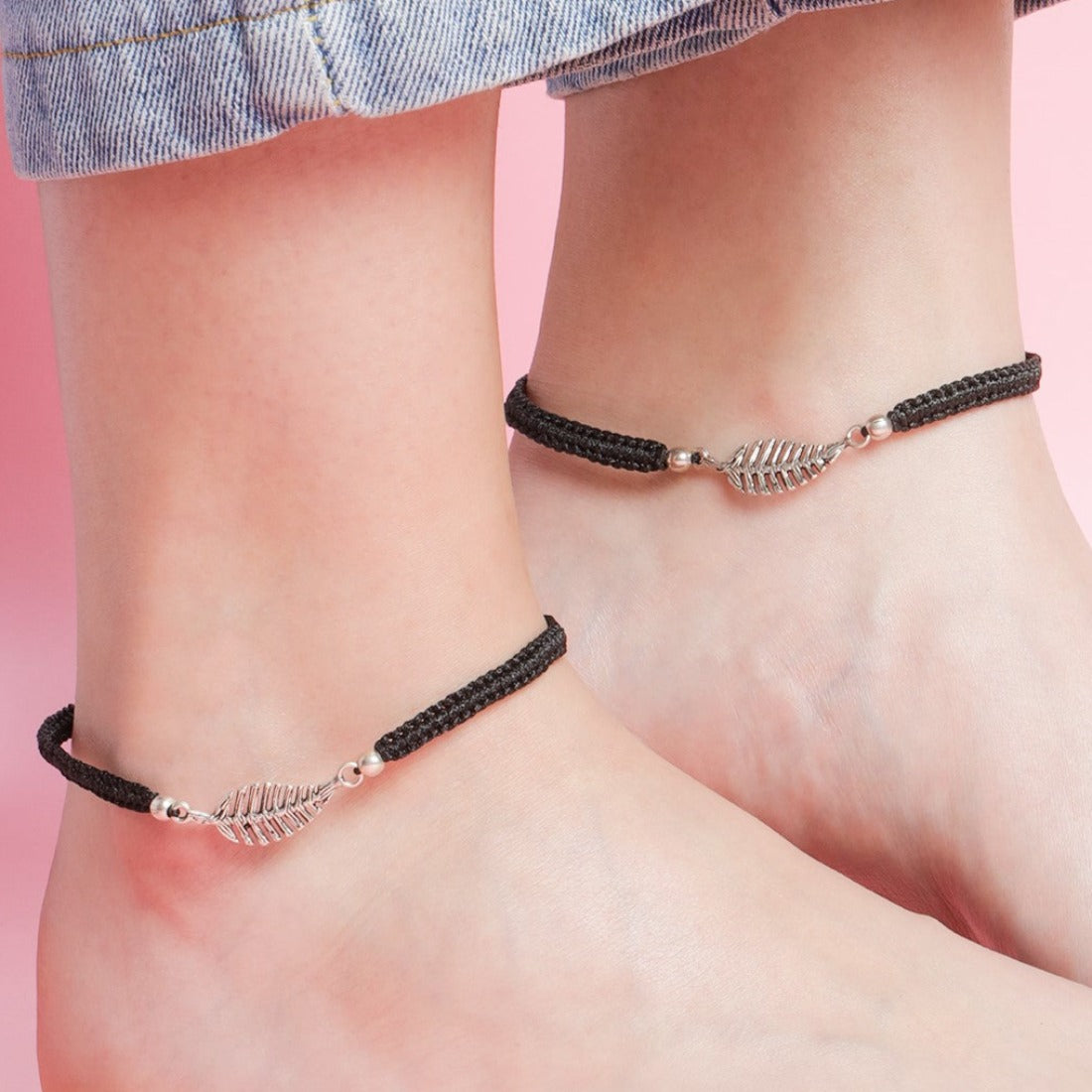 Leaf Rhodium Plated 925 Sterling Silver Thread Anklet