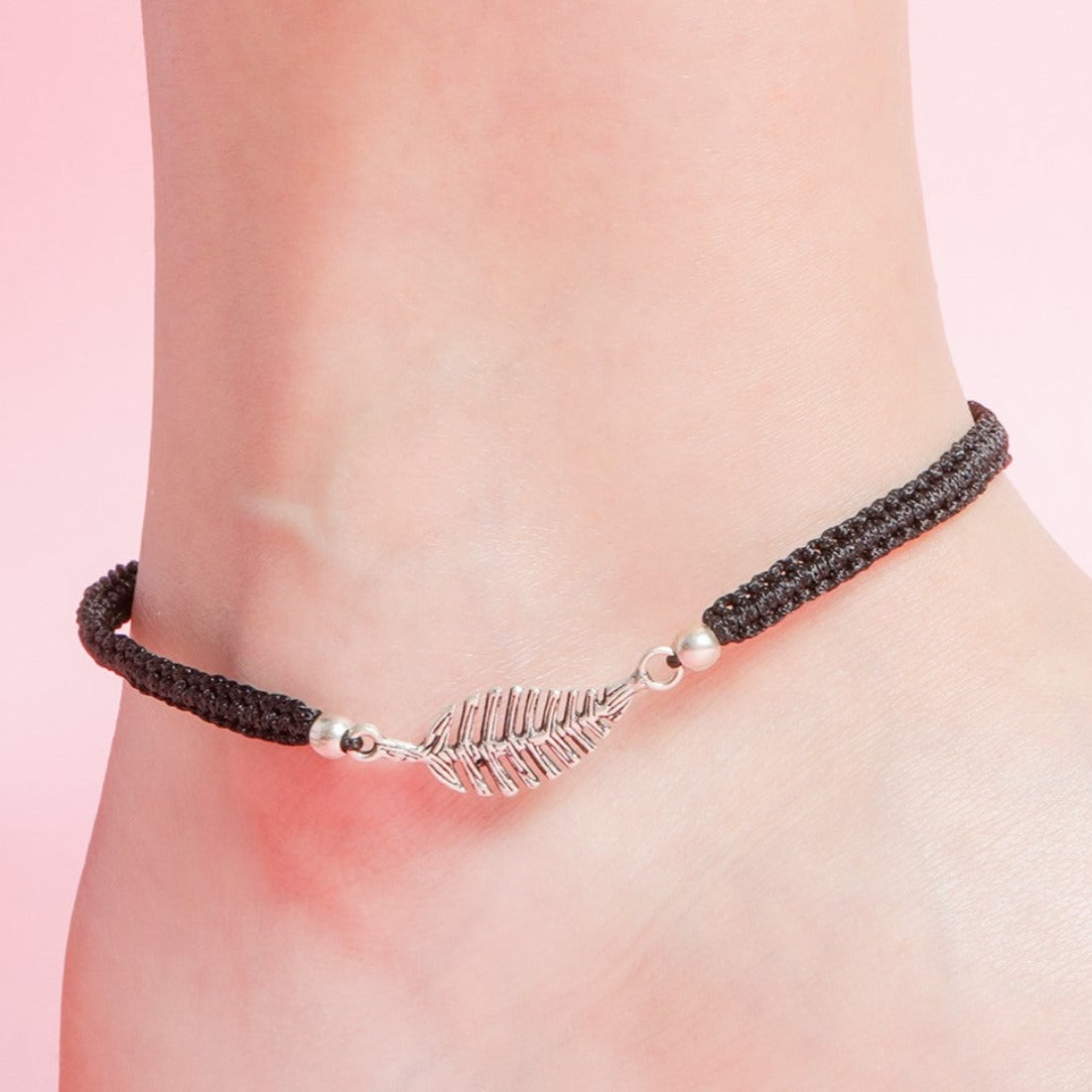 Leaf Rhodium Plated 925 Sterling Silver Thread Anklet
