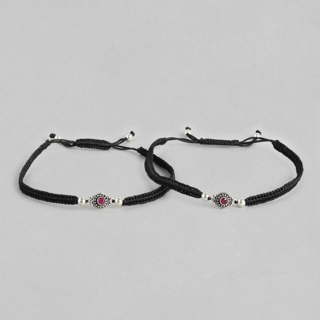 Classic Thread Anklet in 925 Sterling Silver Rhodium Plating With Red Stone