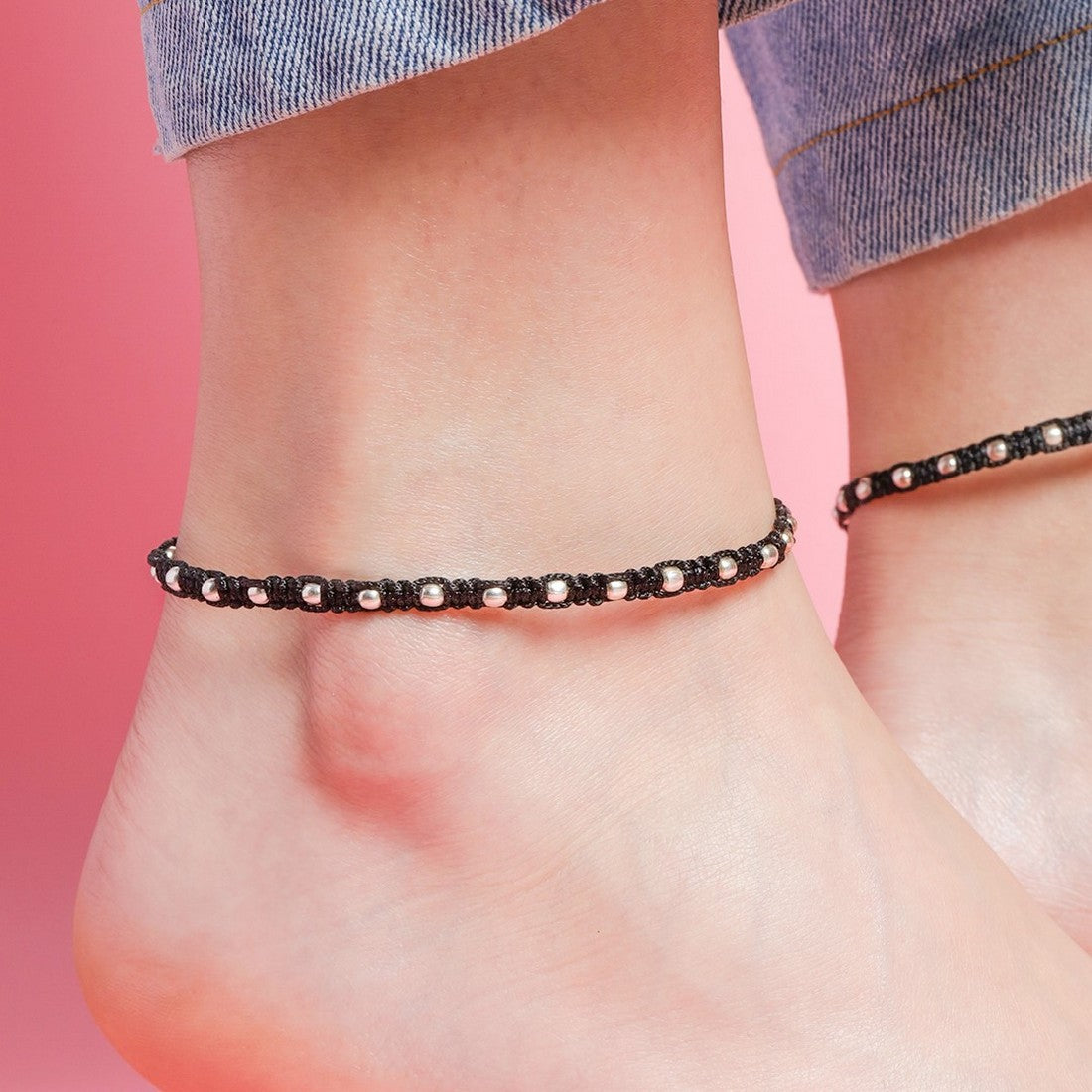 Classic Thread Anklet in 925 Sterling Silver Rhodium Plating In Red Stone