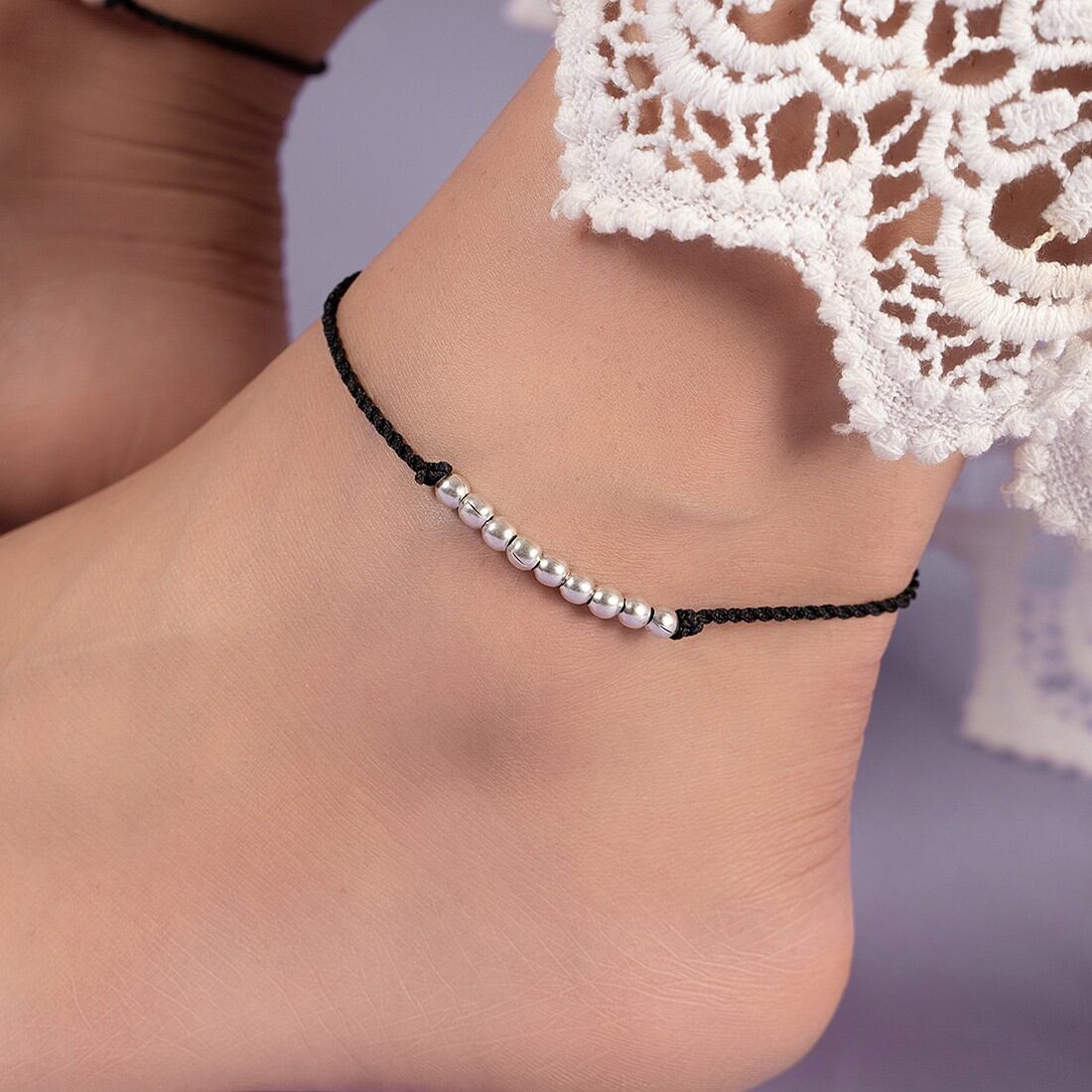 Beads Line Rhodium Plated 925 Sterling Silver Thread Anklet