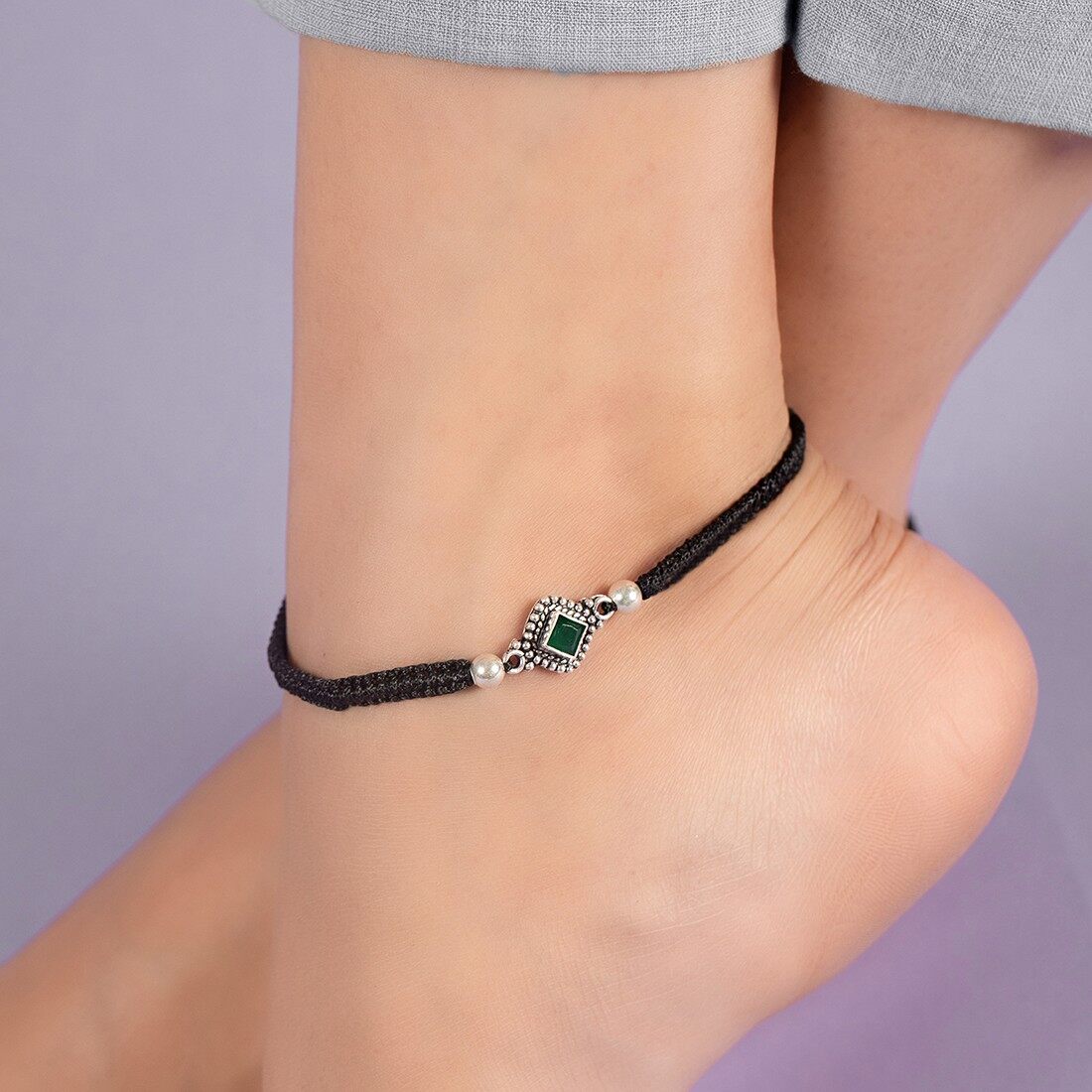 Green CZ Rhodium Plated 925 Sterling Silver Thread Anklet