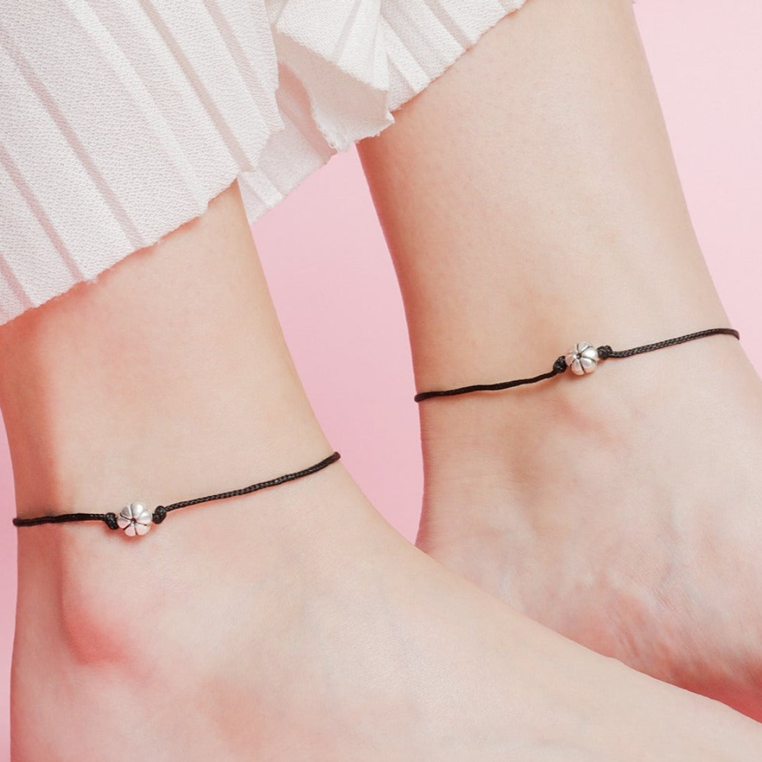 Floral Rhodium Plated 925 Sterling Silver Thread Anklet