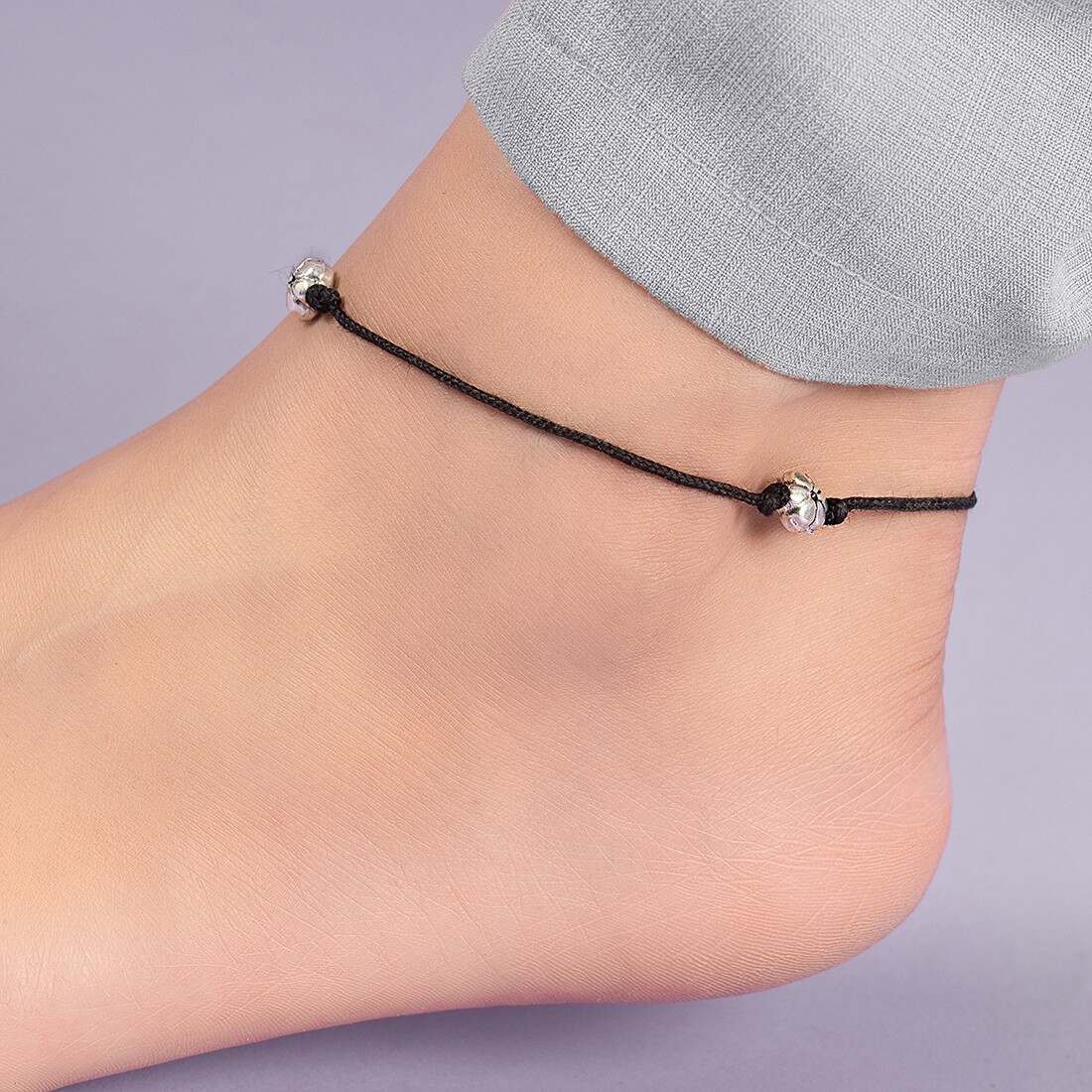 Floral Rhodium Plated 925 Sterling Silver Thread Anklet