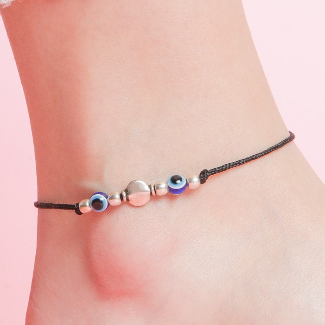 Dual Evil Eye Rhodium Plated 925 Sterling Silver Thread Anklet