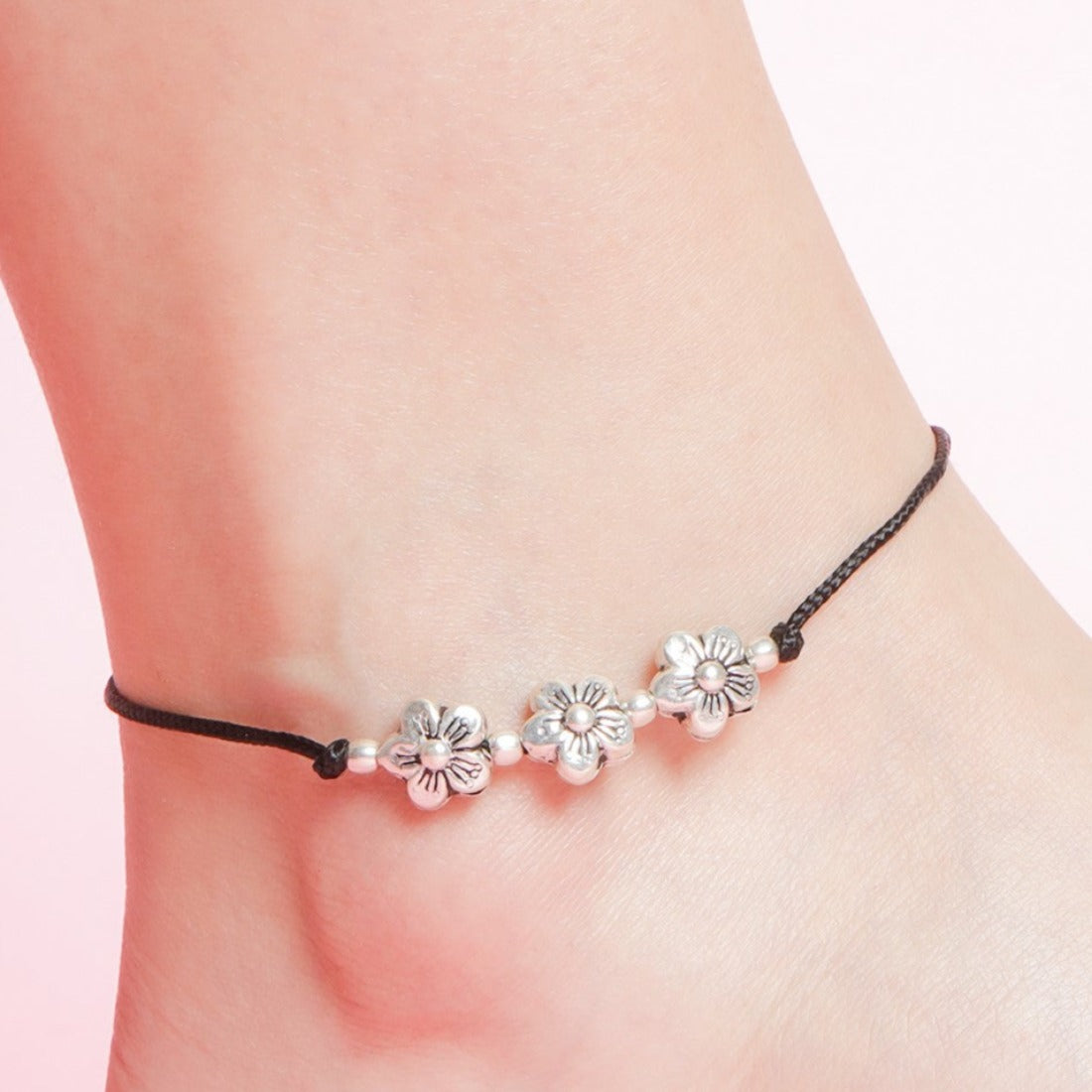 Triple Floral Rhodium Plated 925 Sterling Silver Tread Anklet