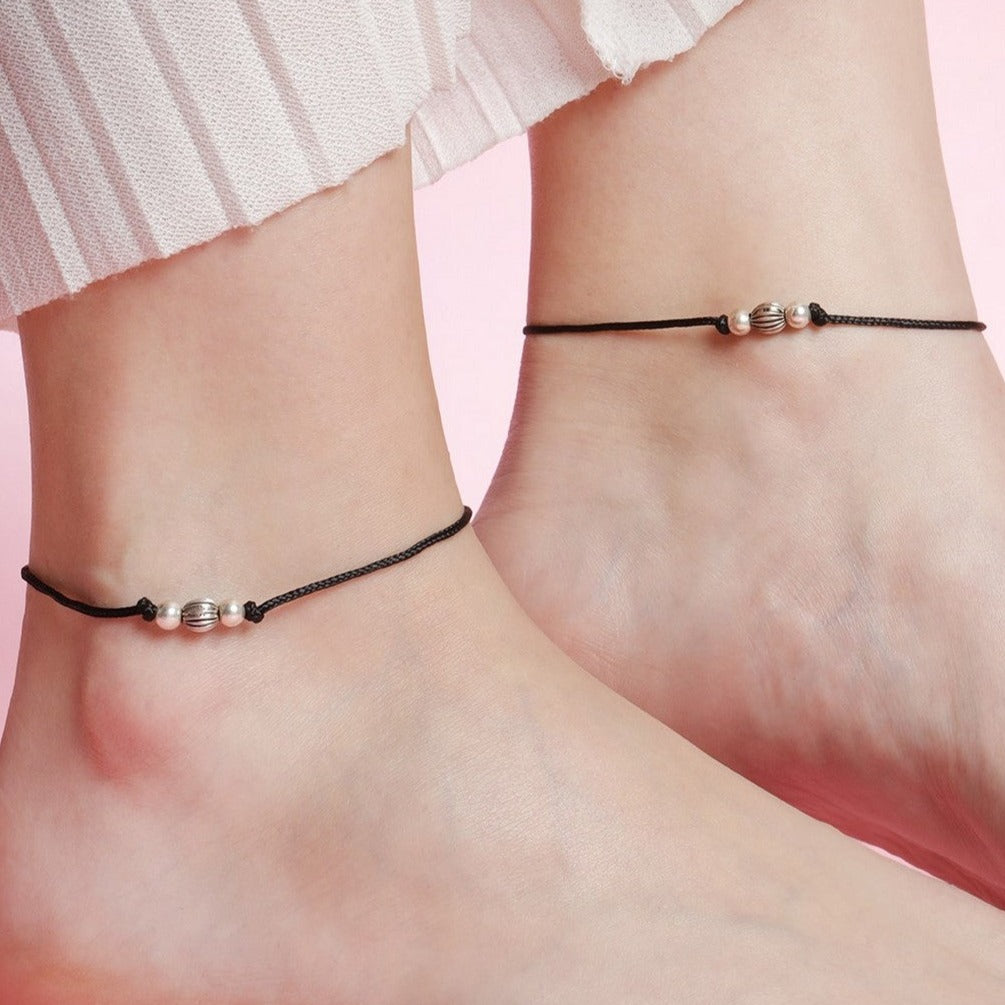 Classic Rhodium Plated Beaded 925 Sterling Sterling Thread Anklet
