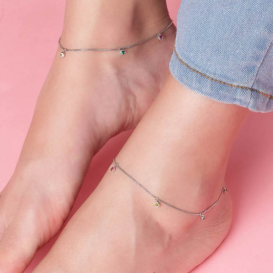 Multi Colour Drops Rhodium Plated 925 Sterling Silver Anklet