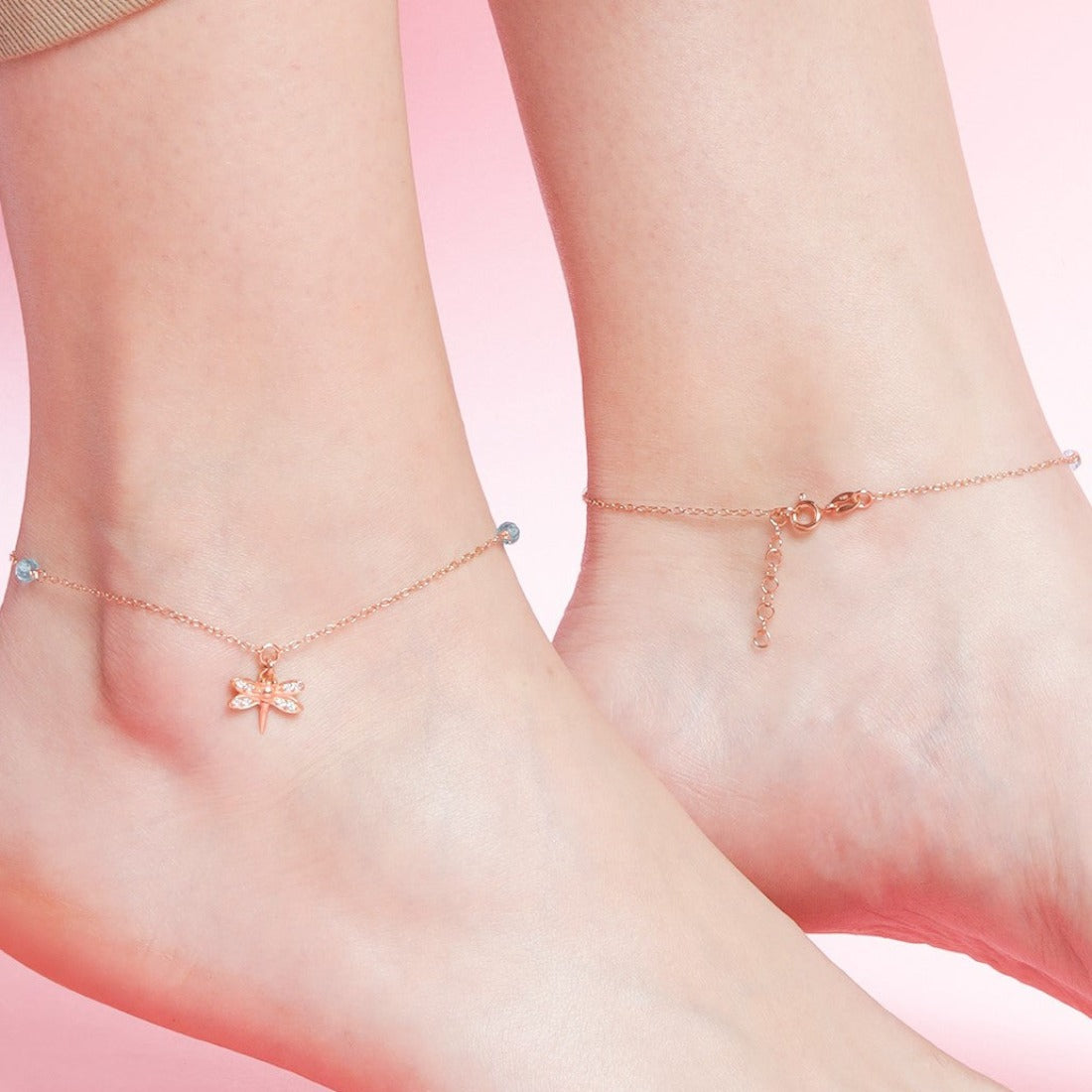 CZ Dragonfly Rose Gold Plated 925 Sterling Silver Anklet