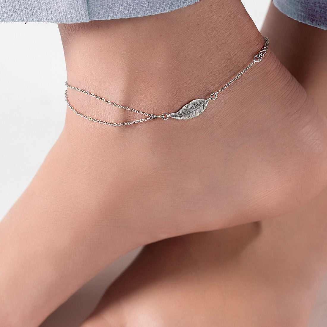 Leafy Multistring Rhodium Plated 925 Sterling Silver Chained Anklet