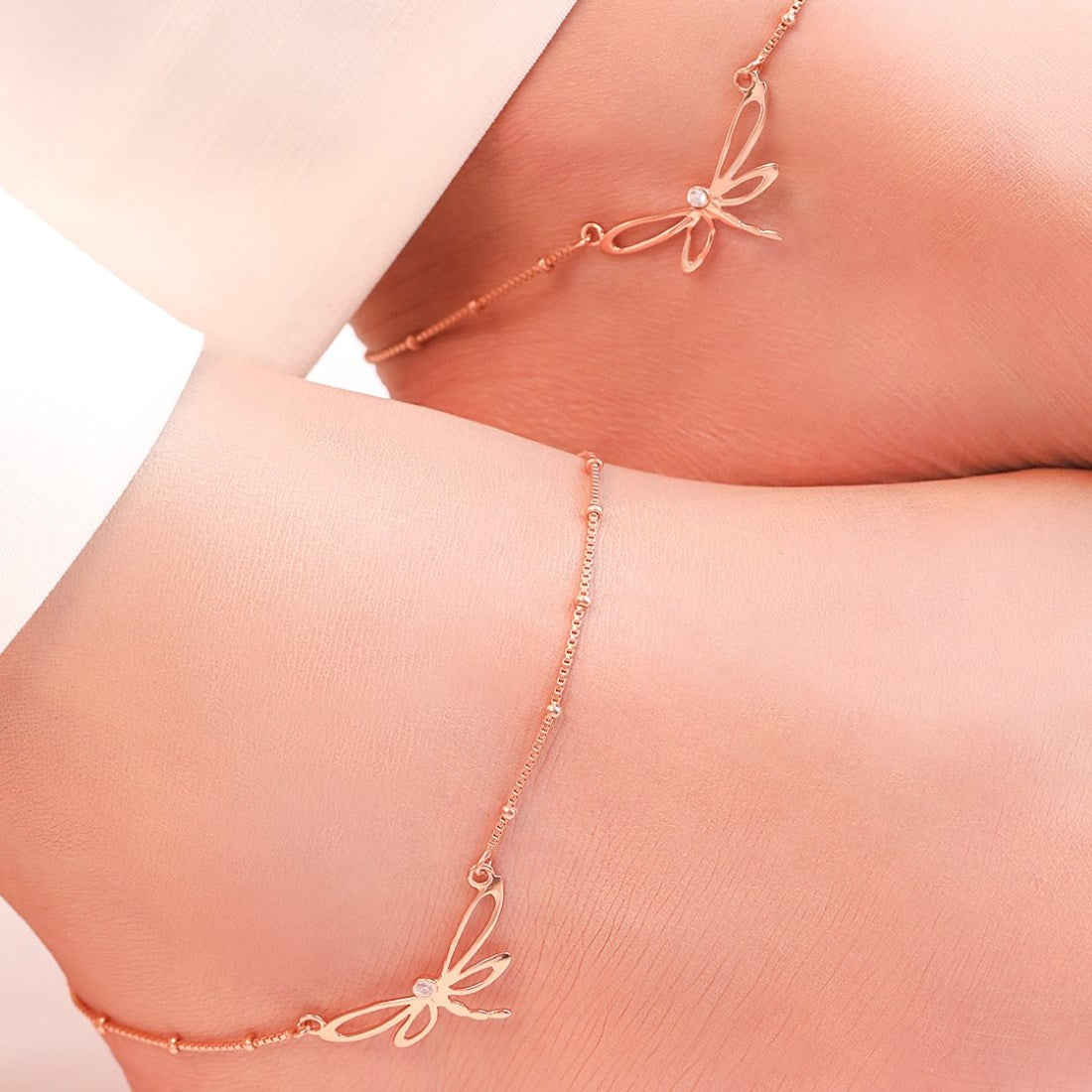 Dragonfly Rose Gold Plated 925 Sterling Silver Chain Anklet with Beads