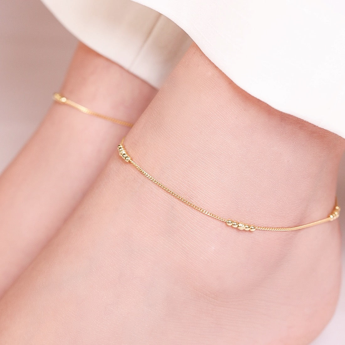 Beaded Gold-Plated 925 Sterling Silver Chained Anklet