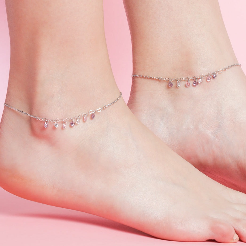 Multi-Color Charm Rhodium Plated 925 Sterling Silver Chained Anklet