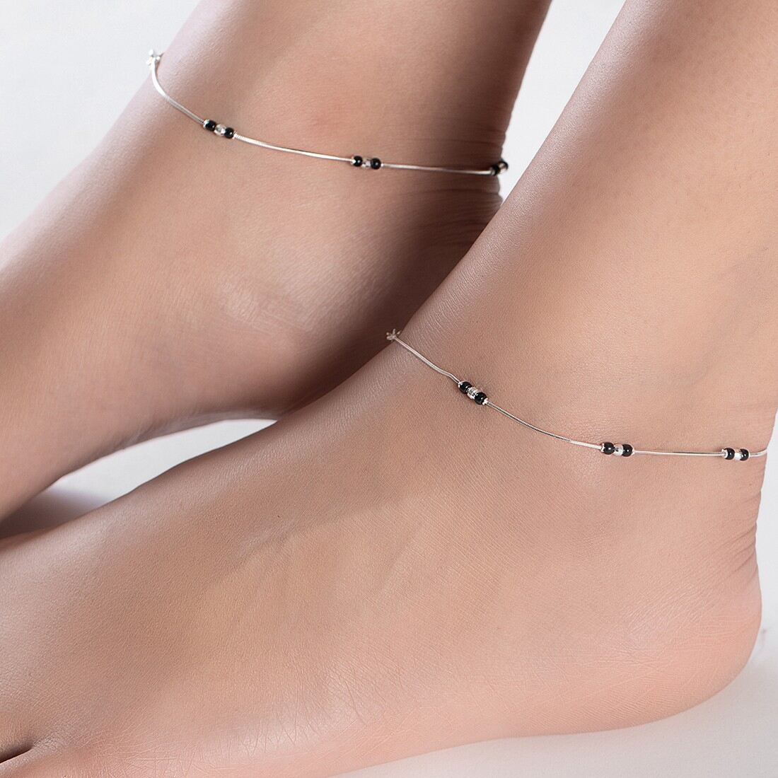 Shimmering Harmony: Rhodium-Plated Sterling Silver Anklet with Beaded Accents