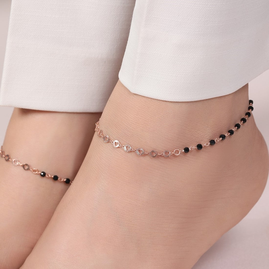 Rose Gold Radiance Beaded Chain Anklet in 925 Sterling Silver