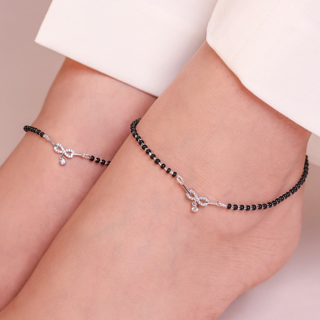 Radiant Charm Rhodium-Plated 925 Sterling Silver Anklet with Beaded Chain