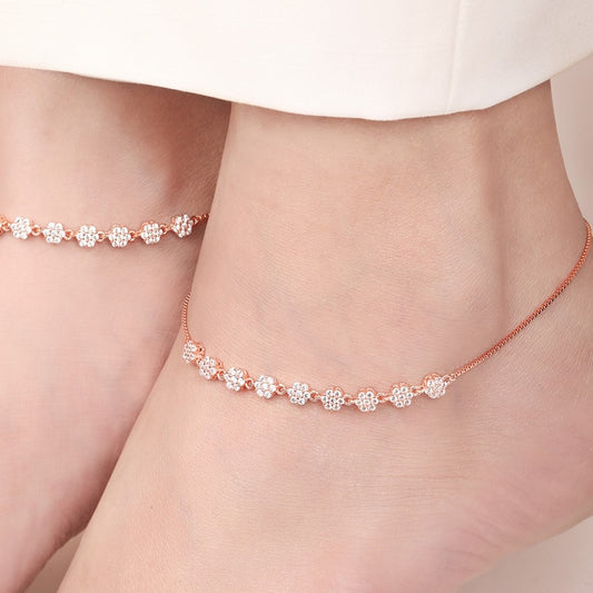 Blossom Brilliance Floral CZ Rose Gold Plated 925 Sterling Silver Anklet