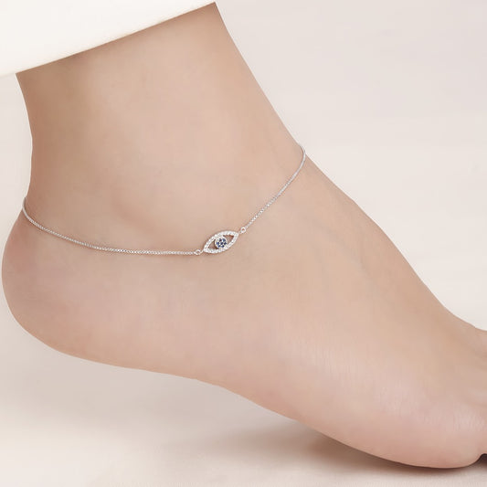 Glimmering Evil Eye Rhodium Plated 925 Sterling Silver Anklet