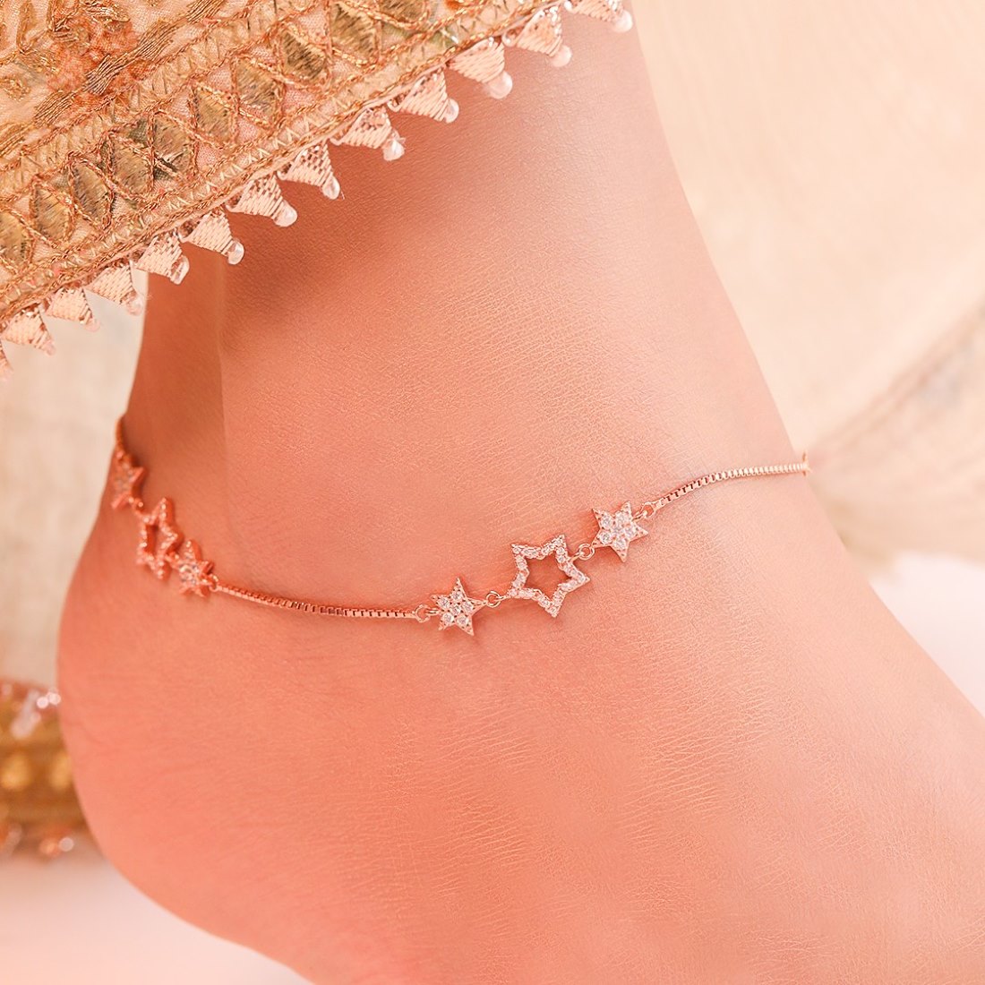 Star Cubic Zirconia Rose Gold Plated 925 Sterling Silver Anklet