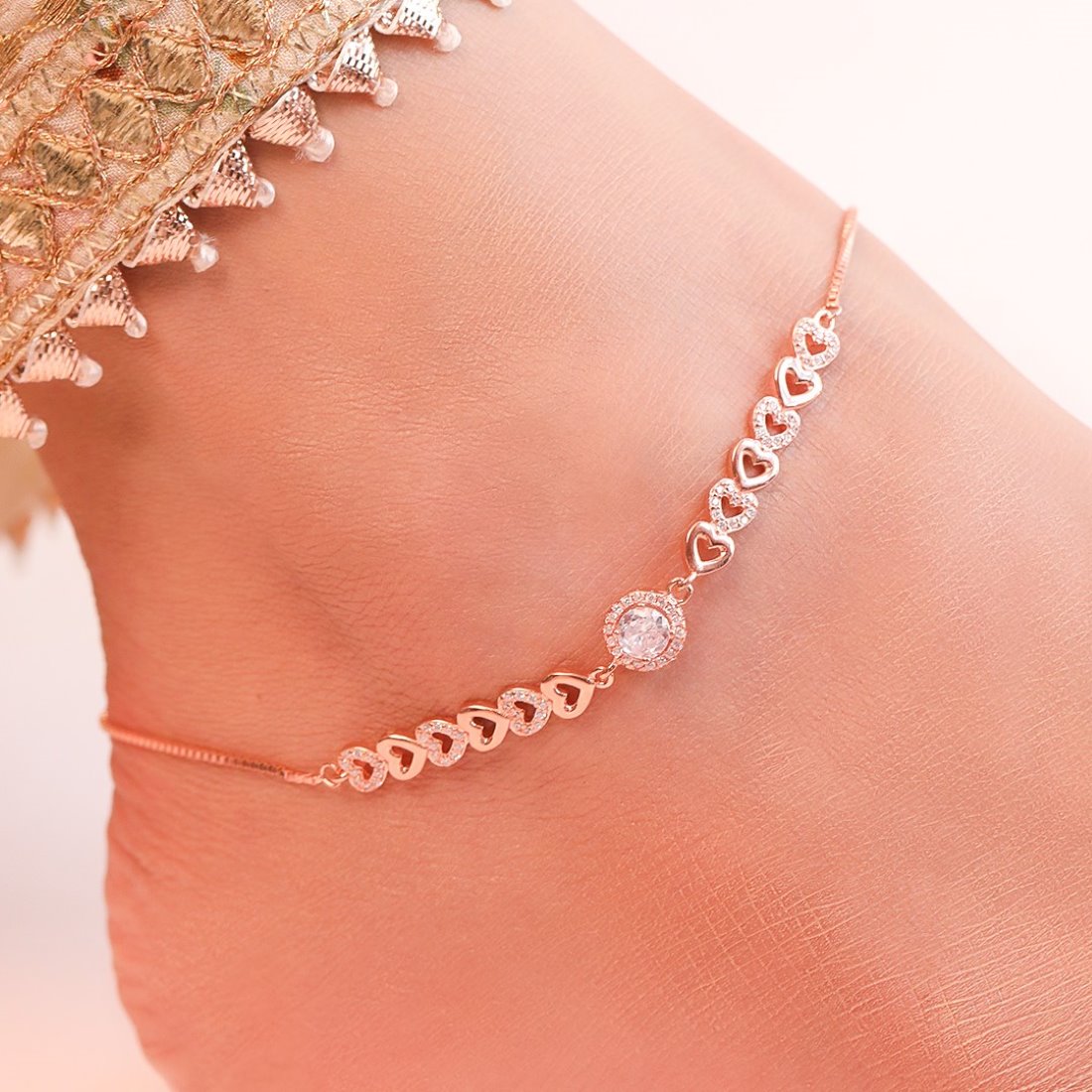 Heart Cubic Zirconia Rose Gold Plated 925 Sterling Silver Anklet