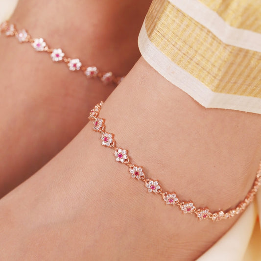 Floral Cubic Zirconia Rose Gold Plated 925 Sterling Silver Anklet