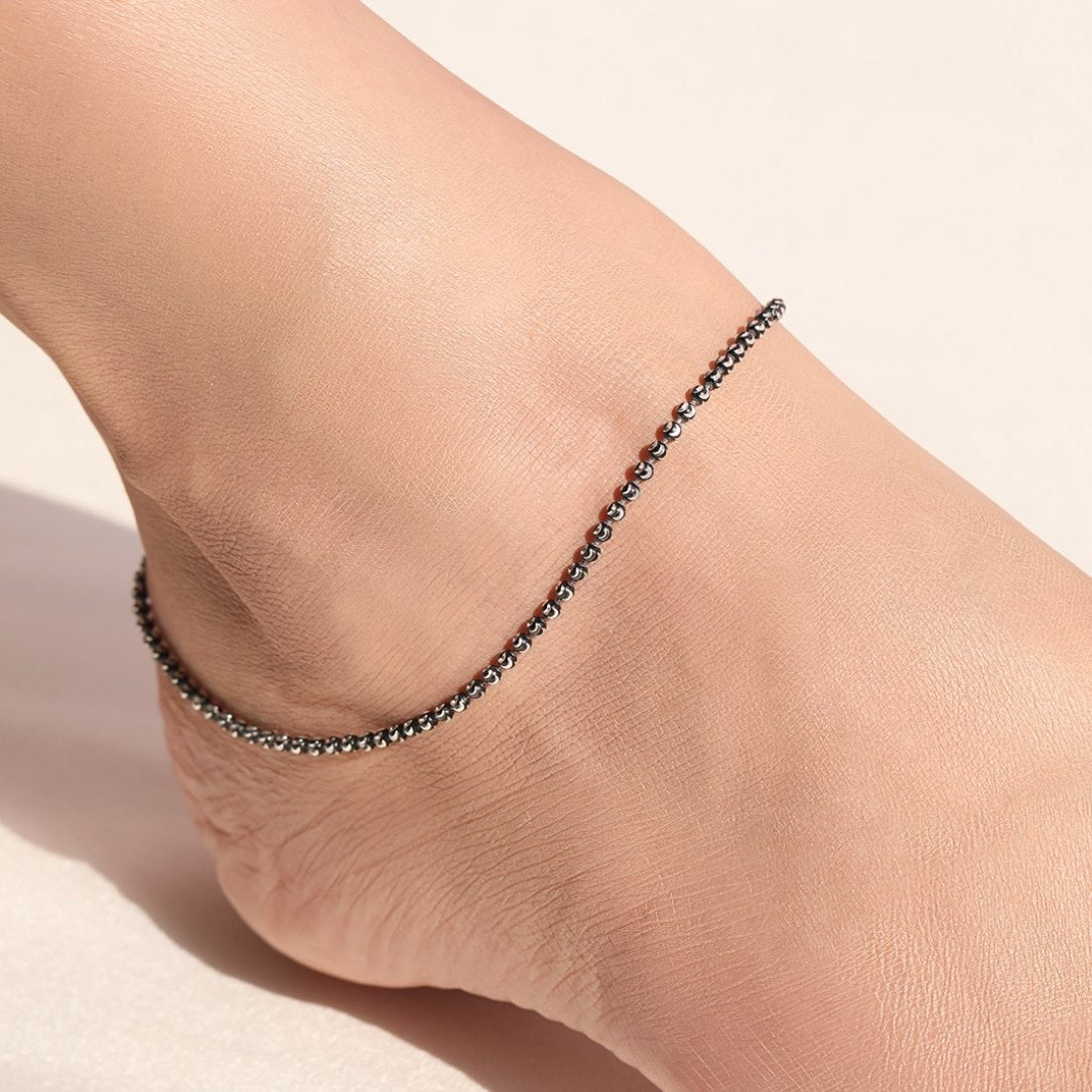 Sculpted Elegance Rhodium-Plated 925 Sterling Silver Beads Chain Anklet