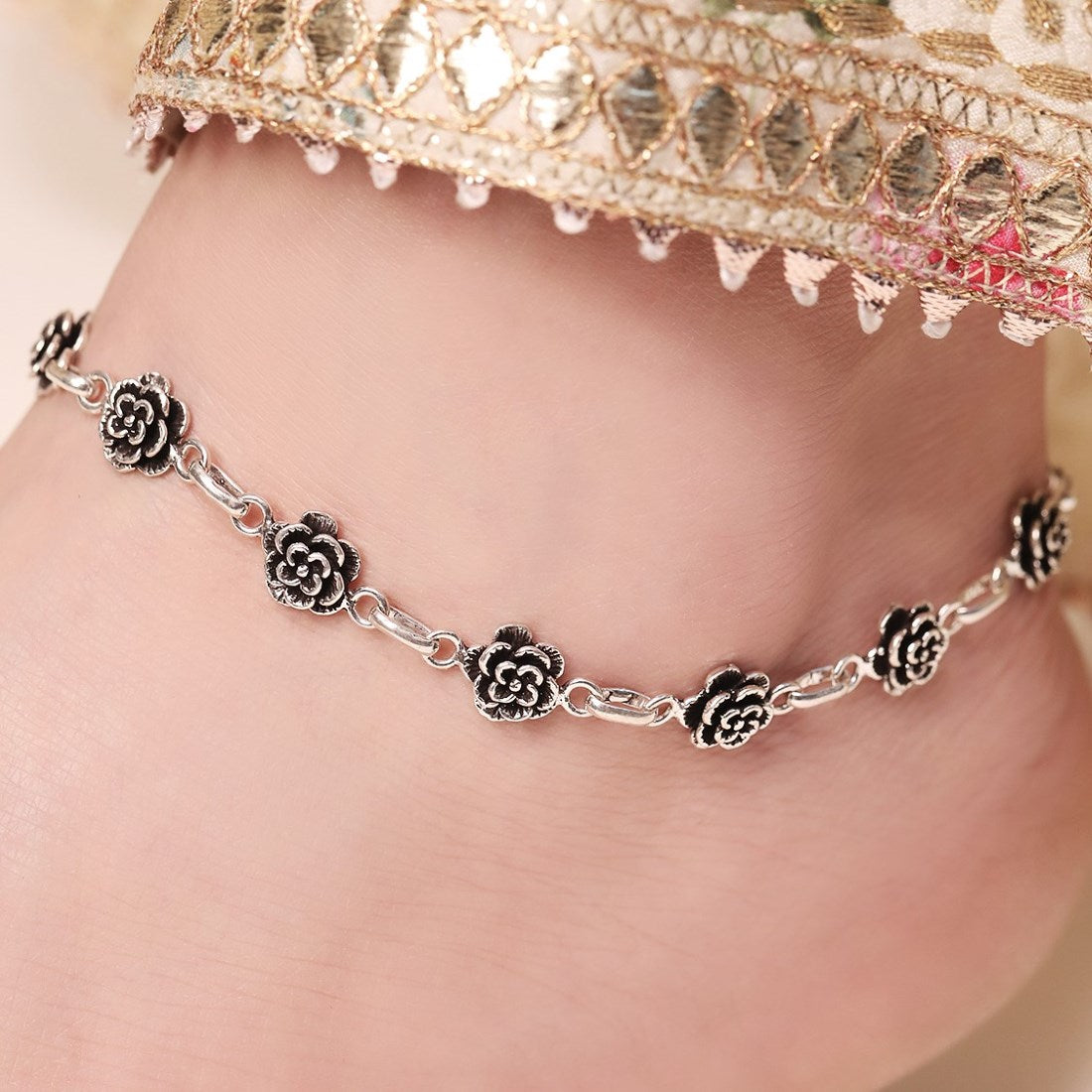 Floral Whimsy Delight Rhodium-Plated 925 Sterling Silver Anklet