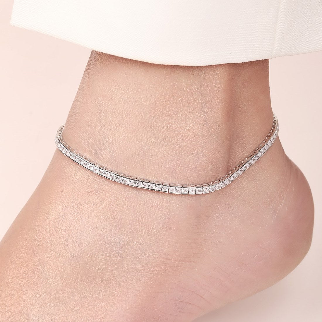 Elegance CZ Rhodium Plated 925 Sterling Silver Anklet
