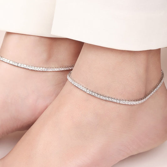 Elegance CZ Rhodium Plated 925 Sterling Silver Anklet