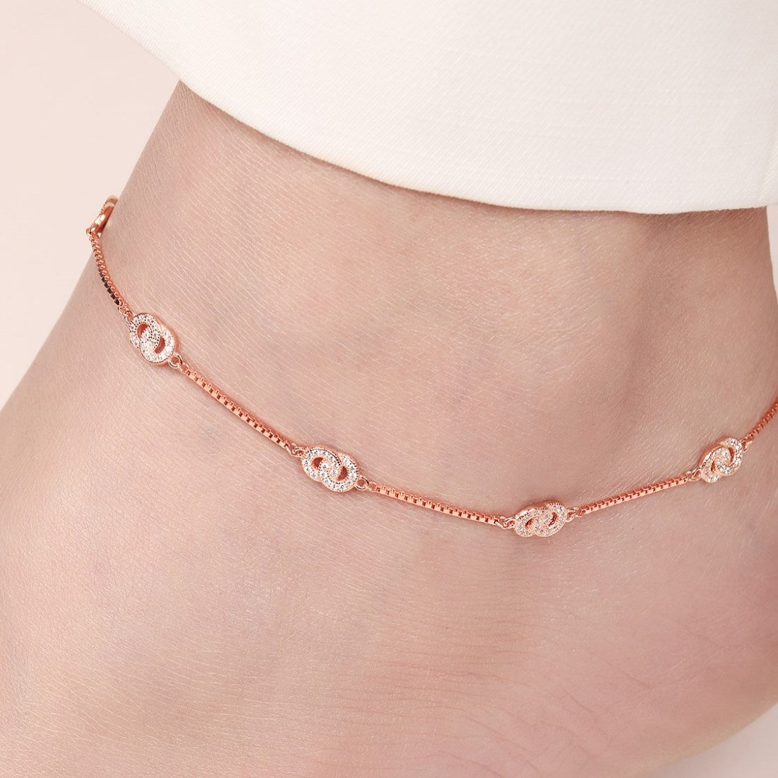 Double Circle CZ Rose Gold Plated 925 Sterling Silver Anklet
