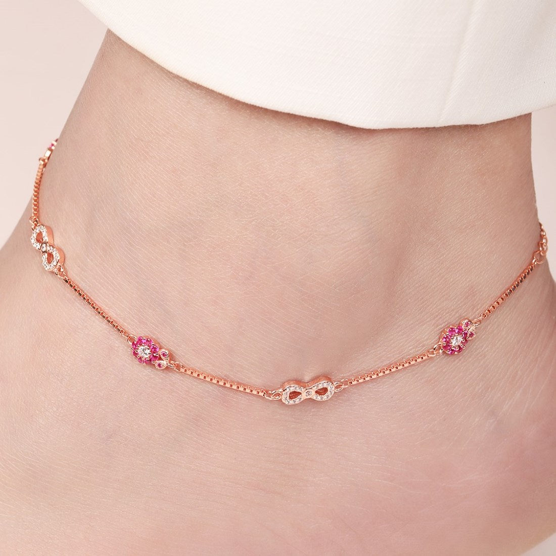 Infinity and Floral CZ Rose Gold Plated 925 Sterling Silver Anklet