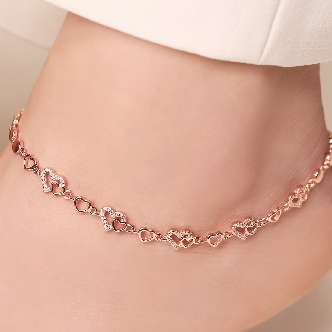 Romantic Rose 925 Sterling Silver Rose Gold-Plated Heart Anklet