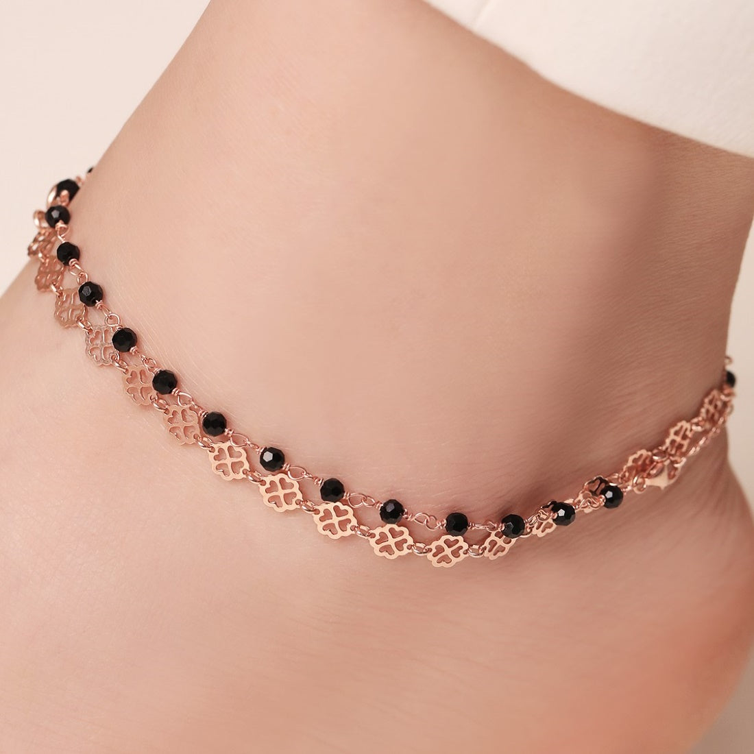 Heartfelt Harmony 925 Sterling Silver Anklet with Black Beads