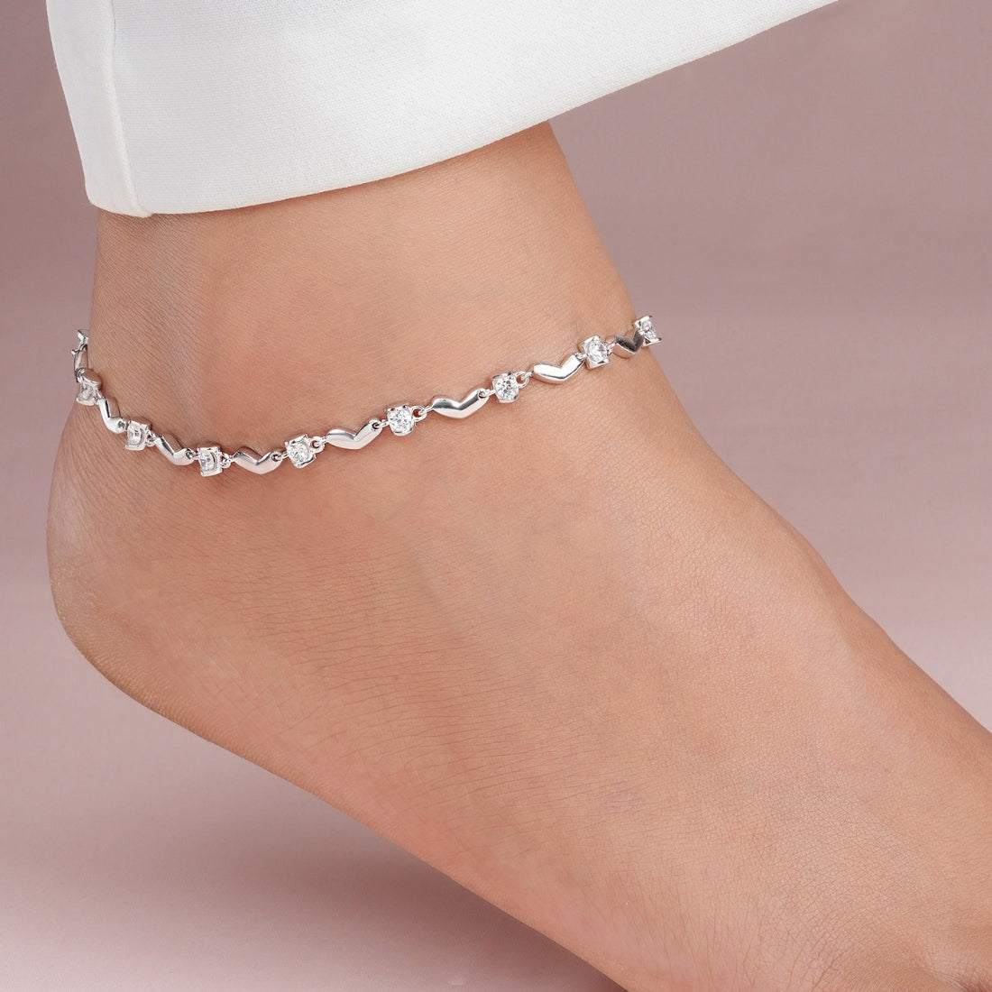 Heart CZ Rhodium Plated 925 Sterling Silver Anklet