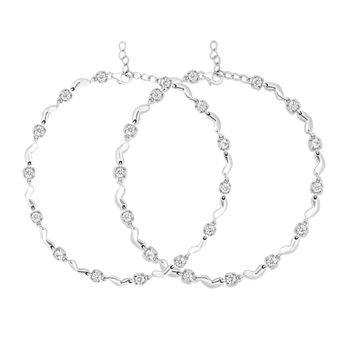 Heart CZ Rhodium Plated 925 Sterling Silver Anklet